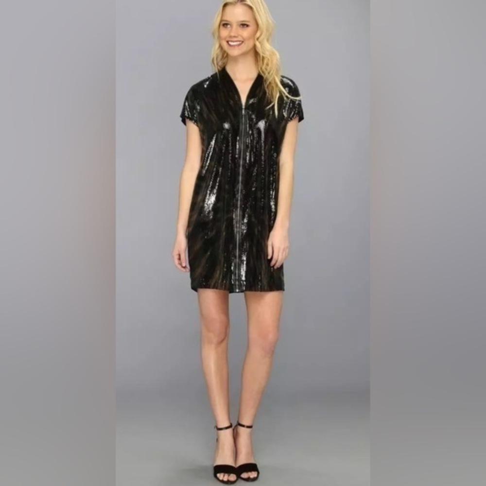 Elie Tahari Black Brown Sequin Animal Print Sleeveless Party Mini Dress size XS